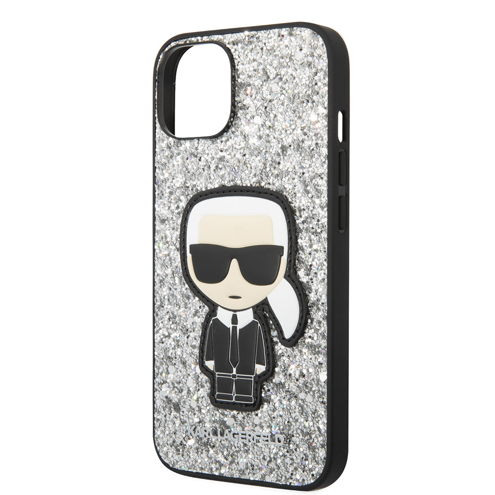 Hülle für Apple iPhone 14, Karl Lagerfeld, Glitter Flakes Ikonik Karl, Silbern