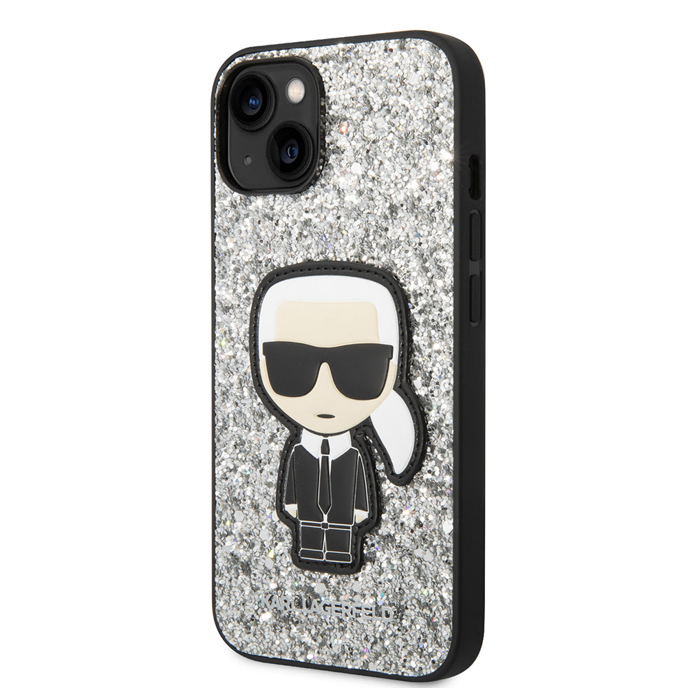 Hülle für Apple iPhone 14, Karl Lagerfeld, Glitter Flakes Ikonik Karl, Silbern