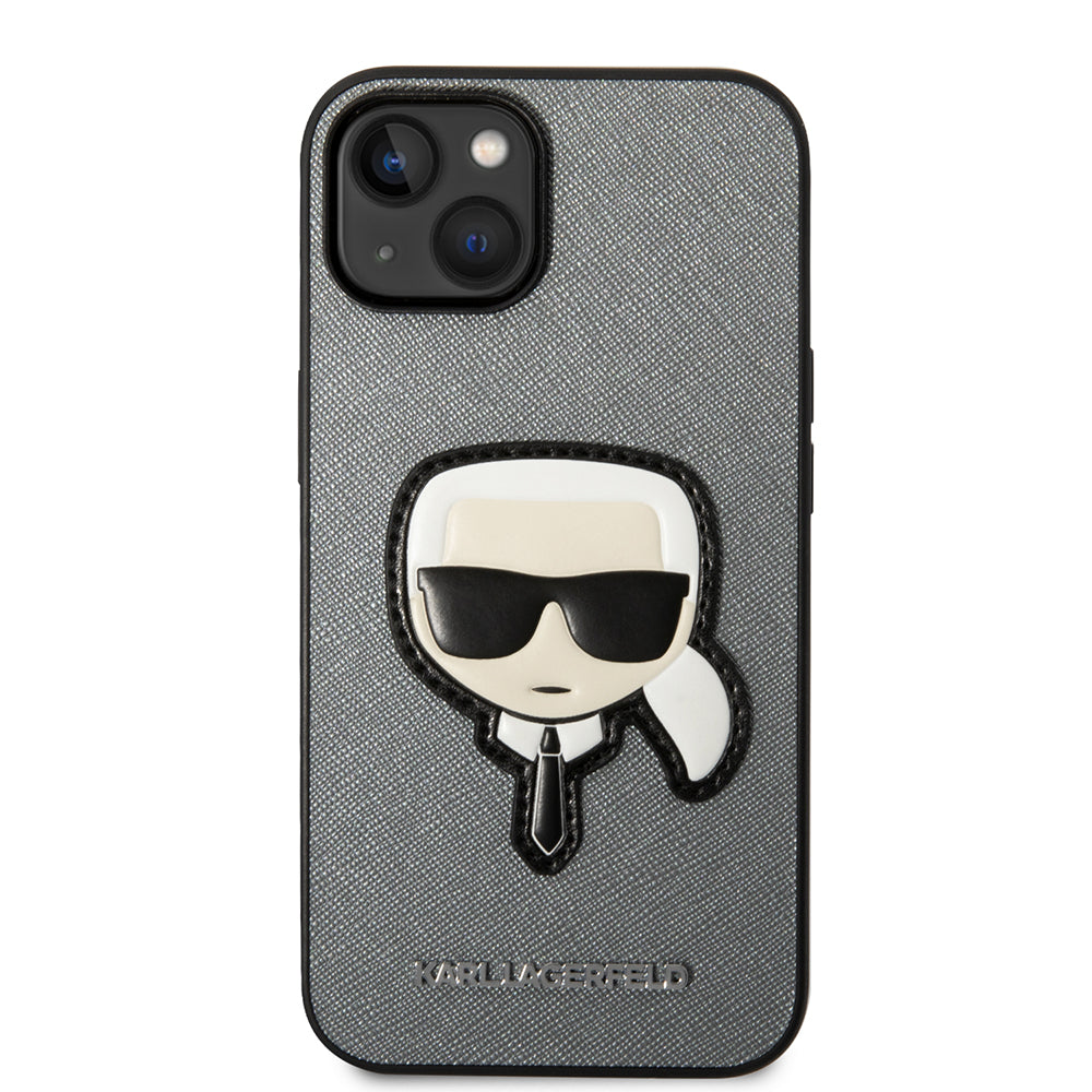 Hülle für Apple iPhone 14 Plus, Karl Lagerfeld, Saffiano Karl's Head, Silbern