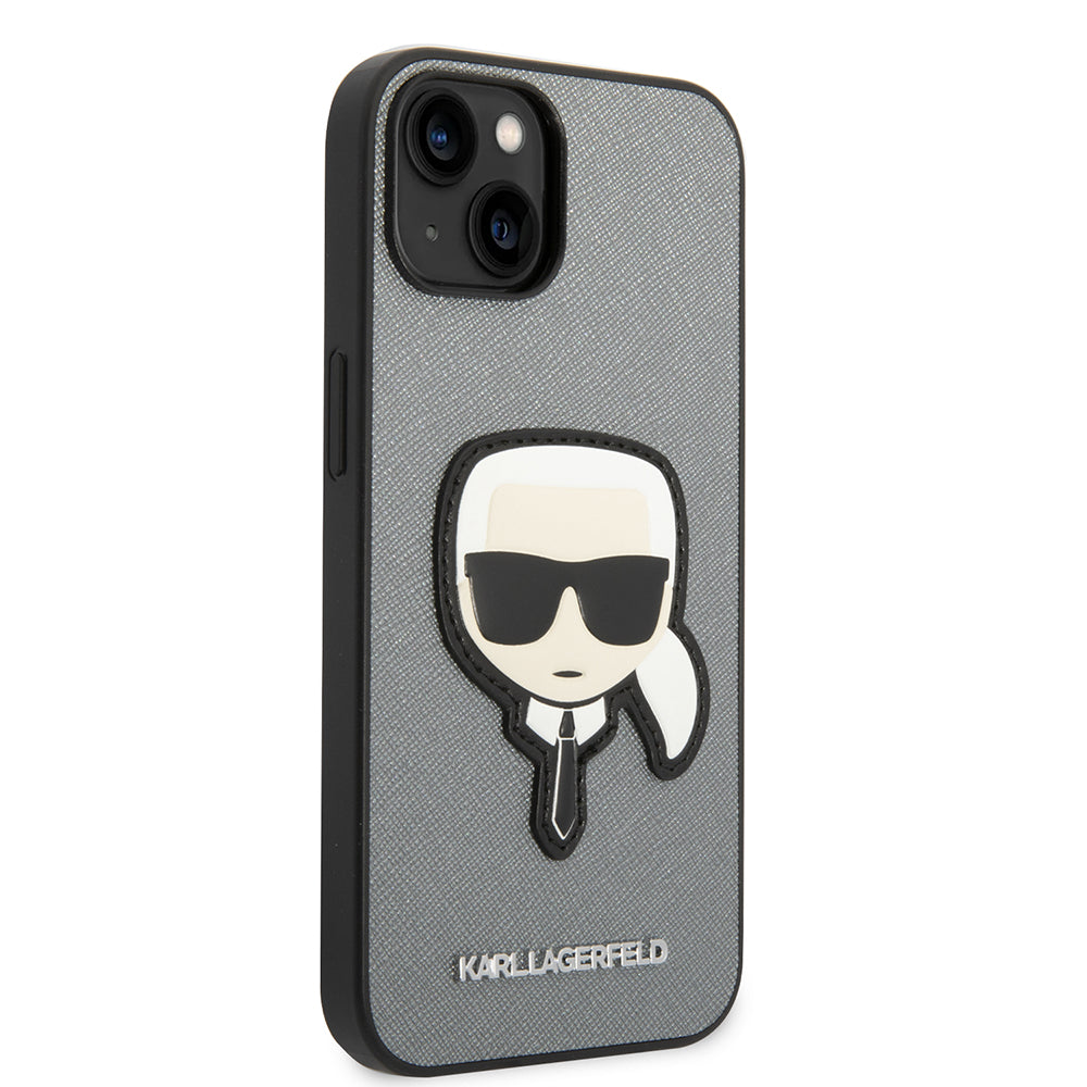 Hülle für Apple iPhone 14 Plus, Karl Lagerfeld, Saffiano Karl's Head, Silbern