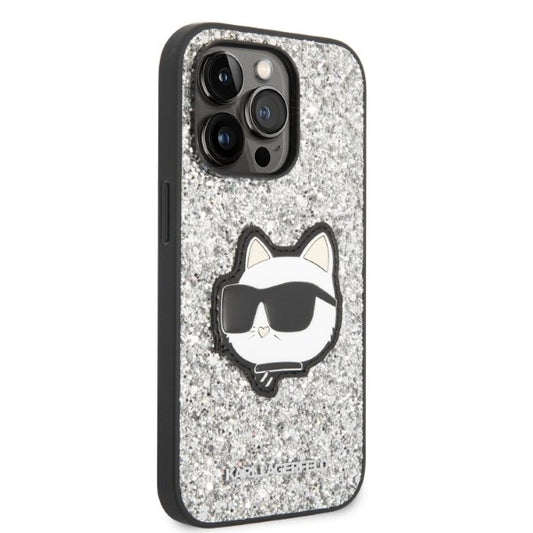 Hülle für Apple iPhone 14 Pro, Karl Lagerfeld, Glitter Choupette Patch, Silbern