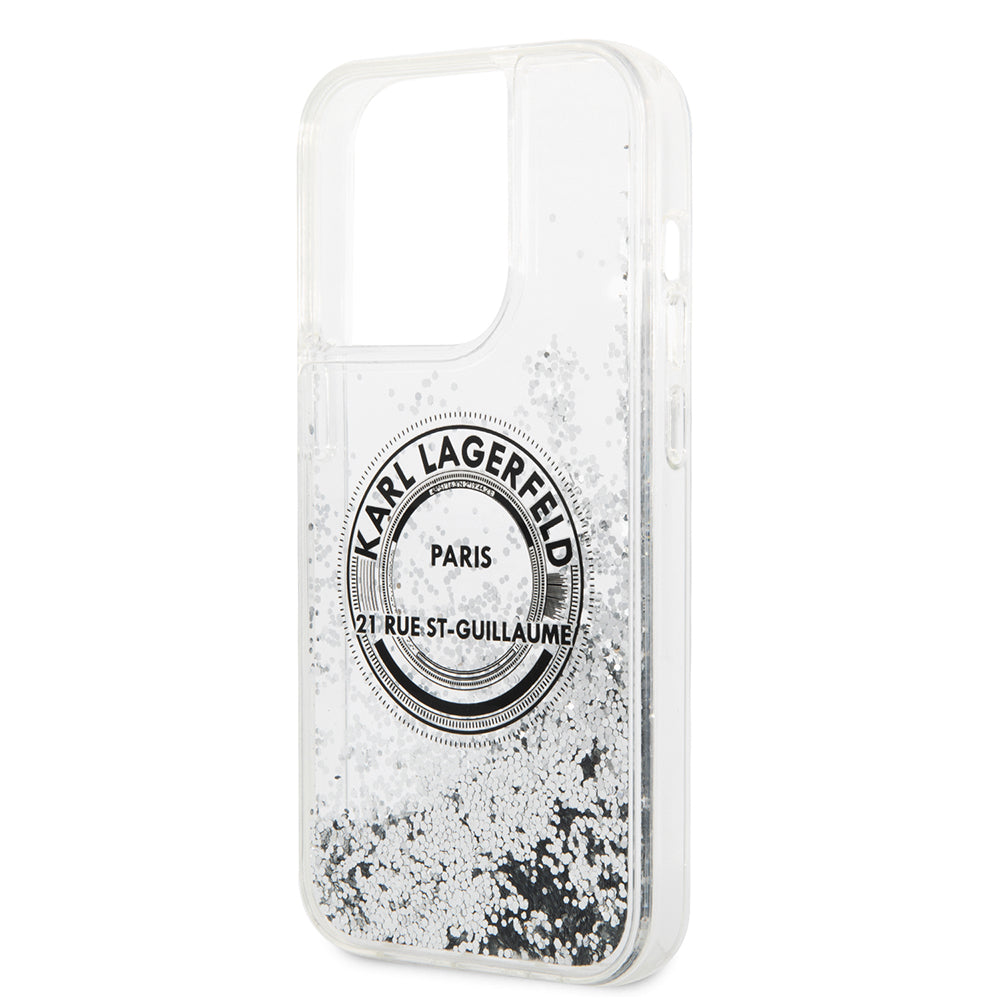 Hülle für Apple iPhone 14 Pro, Karl Lagerfeld, Liquid Glitter RSG, Silbern