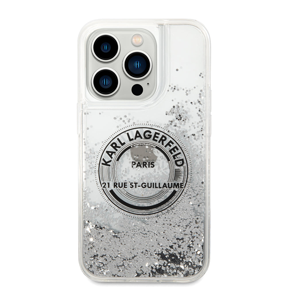Hülle für Apple iPhone 14 Pro, Karl Lagerfeld, Liquid Glitter RSG, Silbern