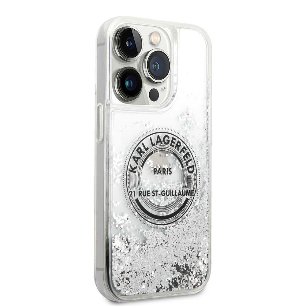 Hülle für Apple iPhone 14 Pro, Karl Lagerfeld, Liquid Glitter RSG, Silbern