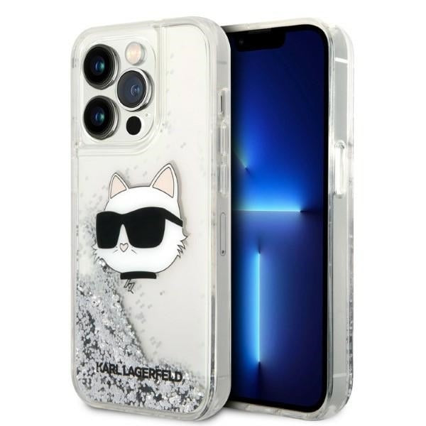 Hülle für Apple iPhone 14 Pro Max, Karl Lagerfeld, Glitter Choupette's Head, Silbern