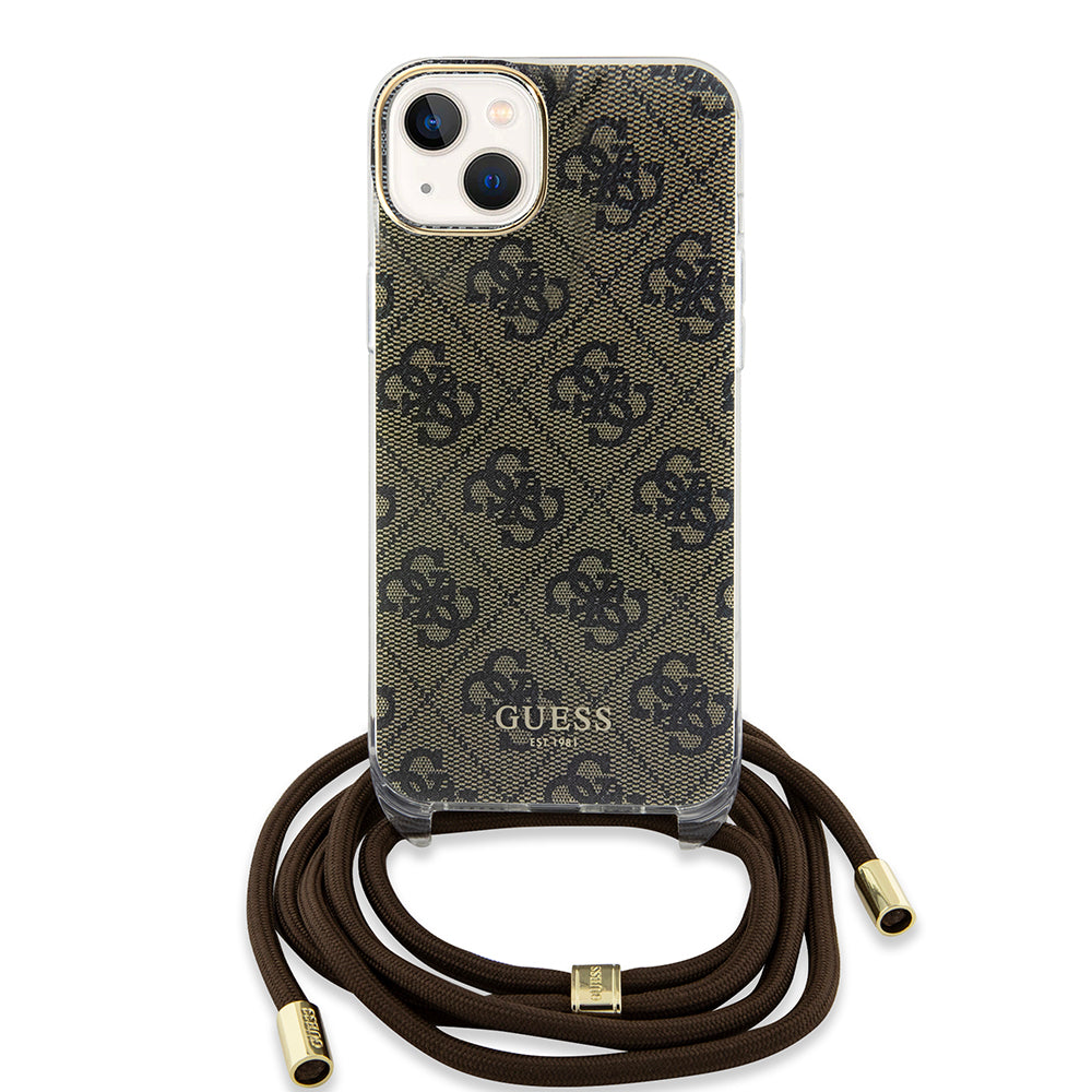 Étui pour Apple iPhone 15, Guess, 4G IML Printed Crossbody, Marron