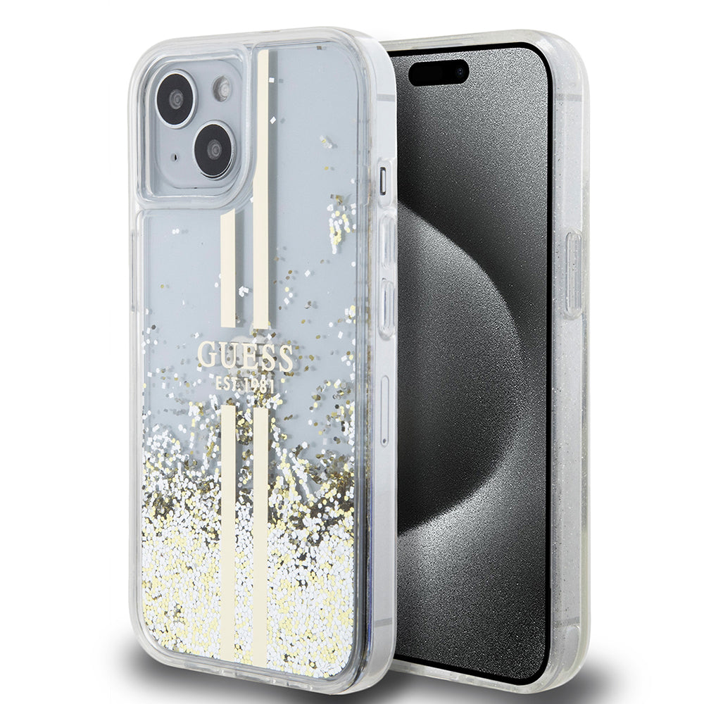 Hülle für Apple iPhone 15, Guess, Liquid Glitter Gold Stripes, Transparent