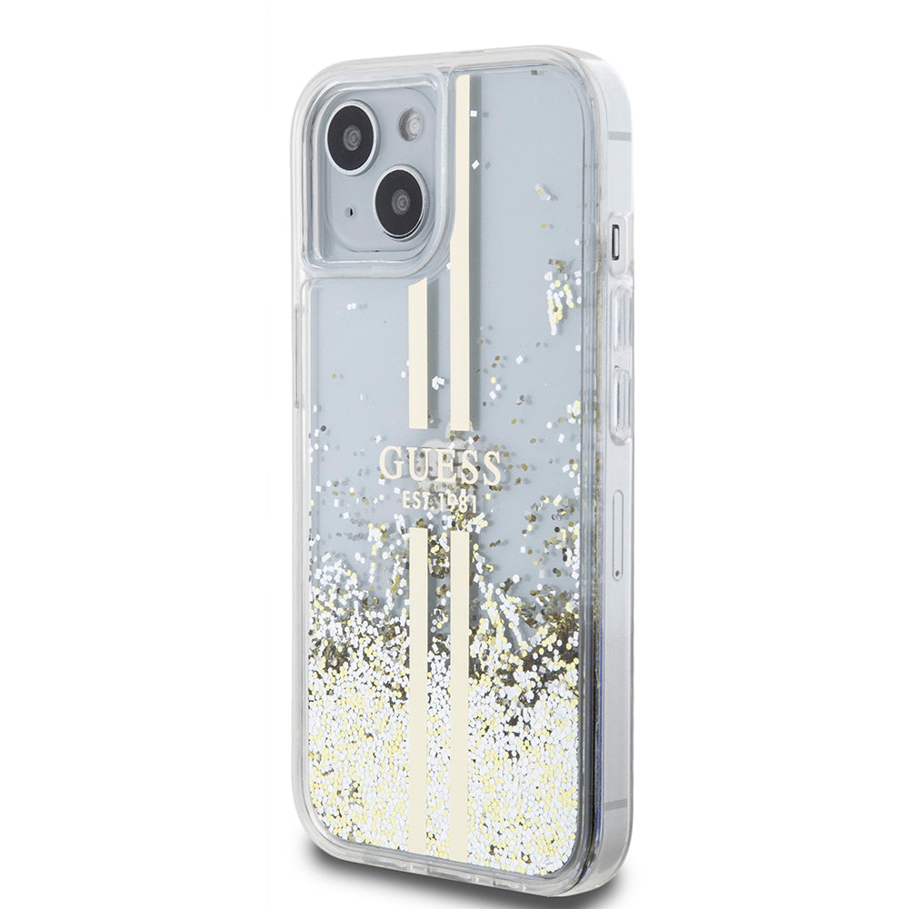 Hülle für Apple iPhone 15, Guess, Liquid Glitter Gold Stripes, Transparent
