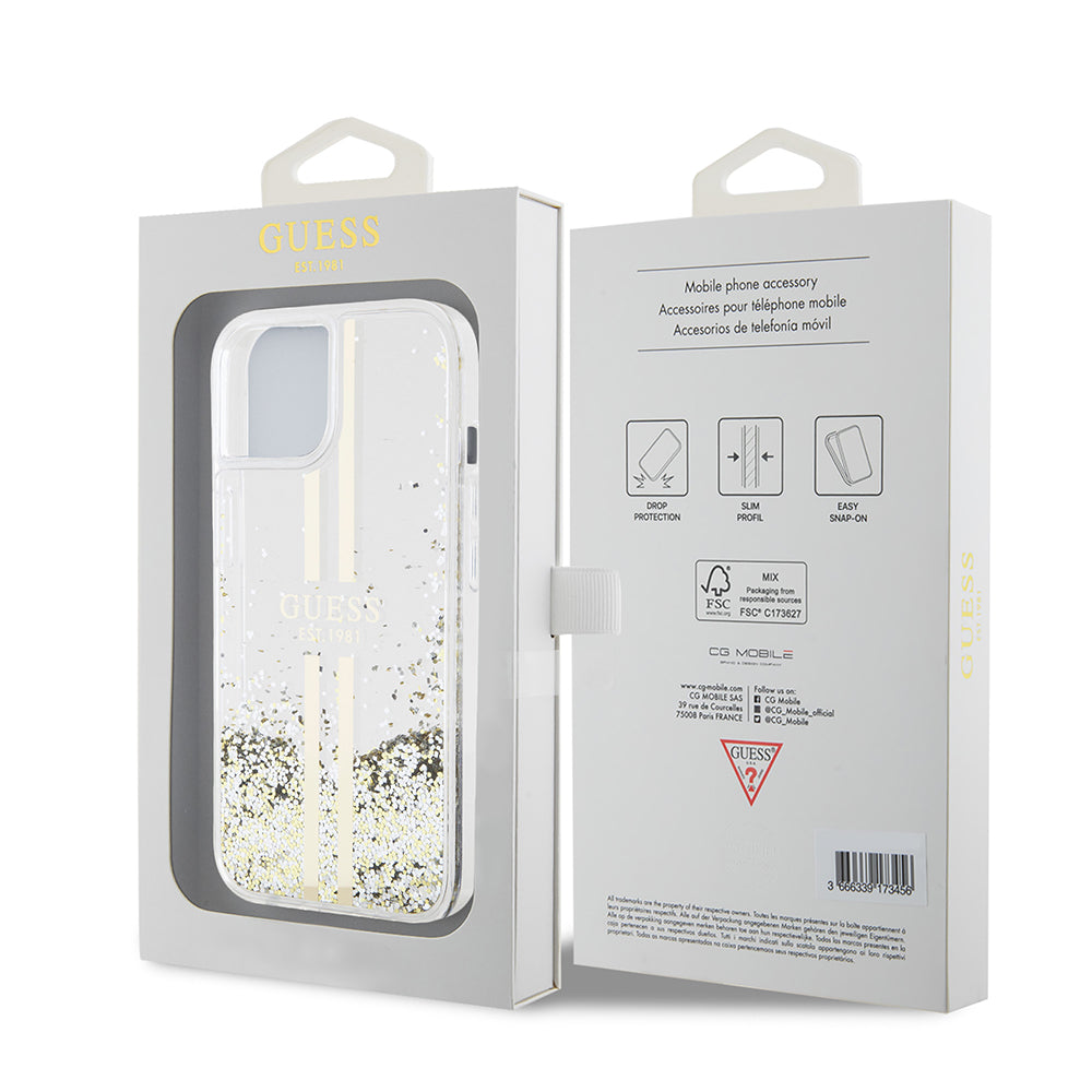 Hülle für Apple iPhone 15, Guess, Liquid Glitter Gold Stripes, Transparent