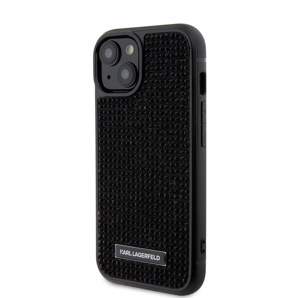 Étui pour Apple iPhone 15, Karl Lagerfeld, Plaque Métallique Strass, Noir