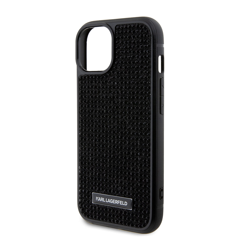 Étui pour Apple iPhone 15, Karl Lagerfeld, Plaque Métallique Strass, Noir