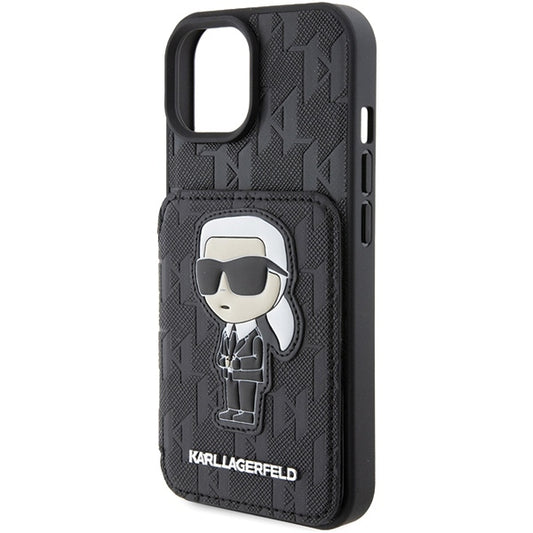 Étui pour Apple iPhone 15, Karl Lagerfeld, Saffiano Cardslots and Stand Monogram Ikonik Karl, Noir