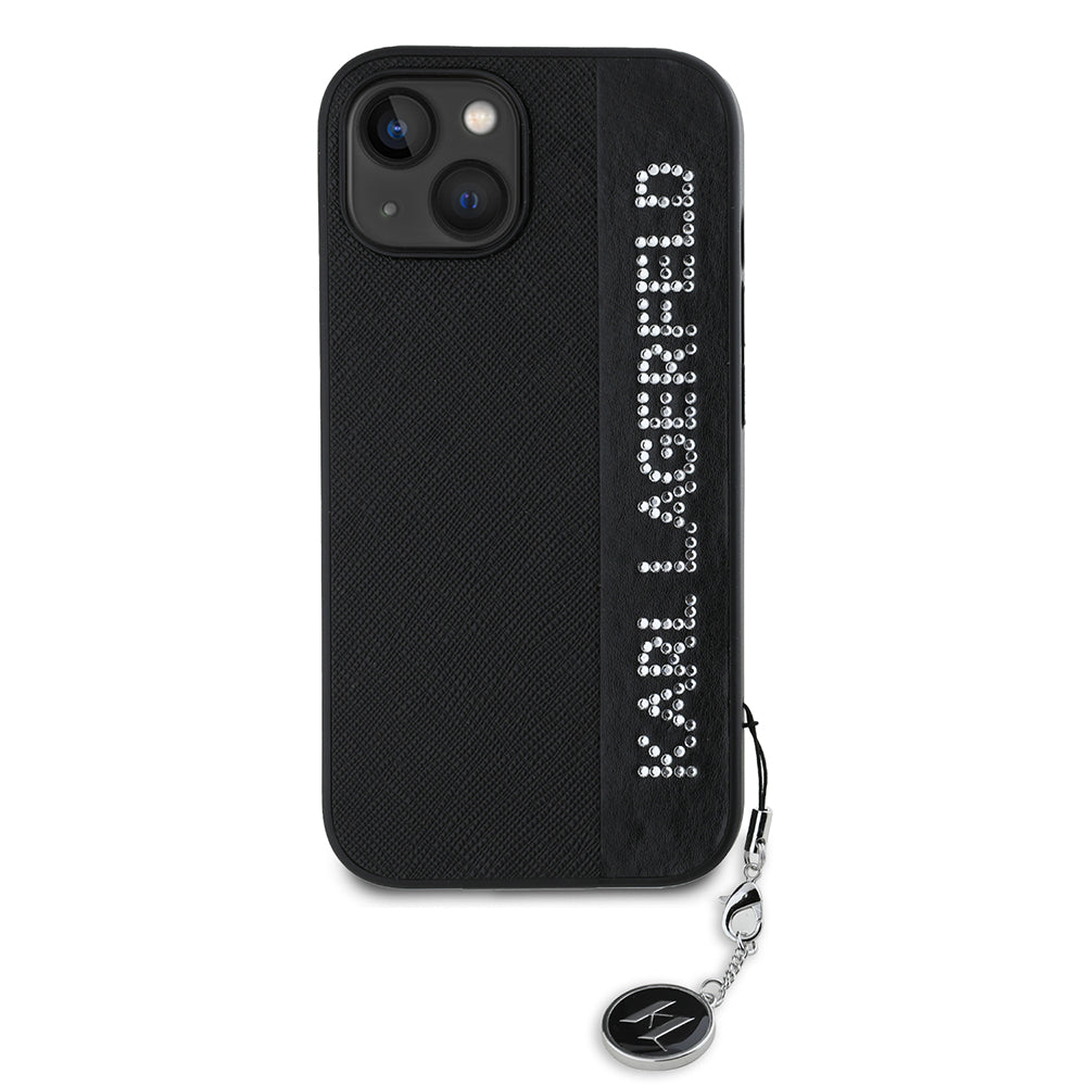 Étui pour Apple iPhone 15, Karl Lagerfeld, Saffiano Rhinestones & Charm, Noir