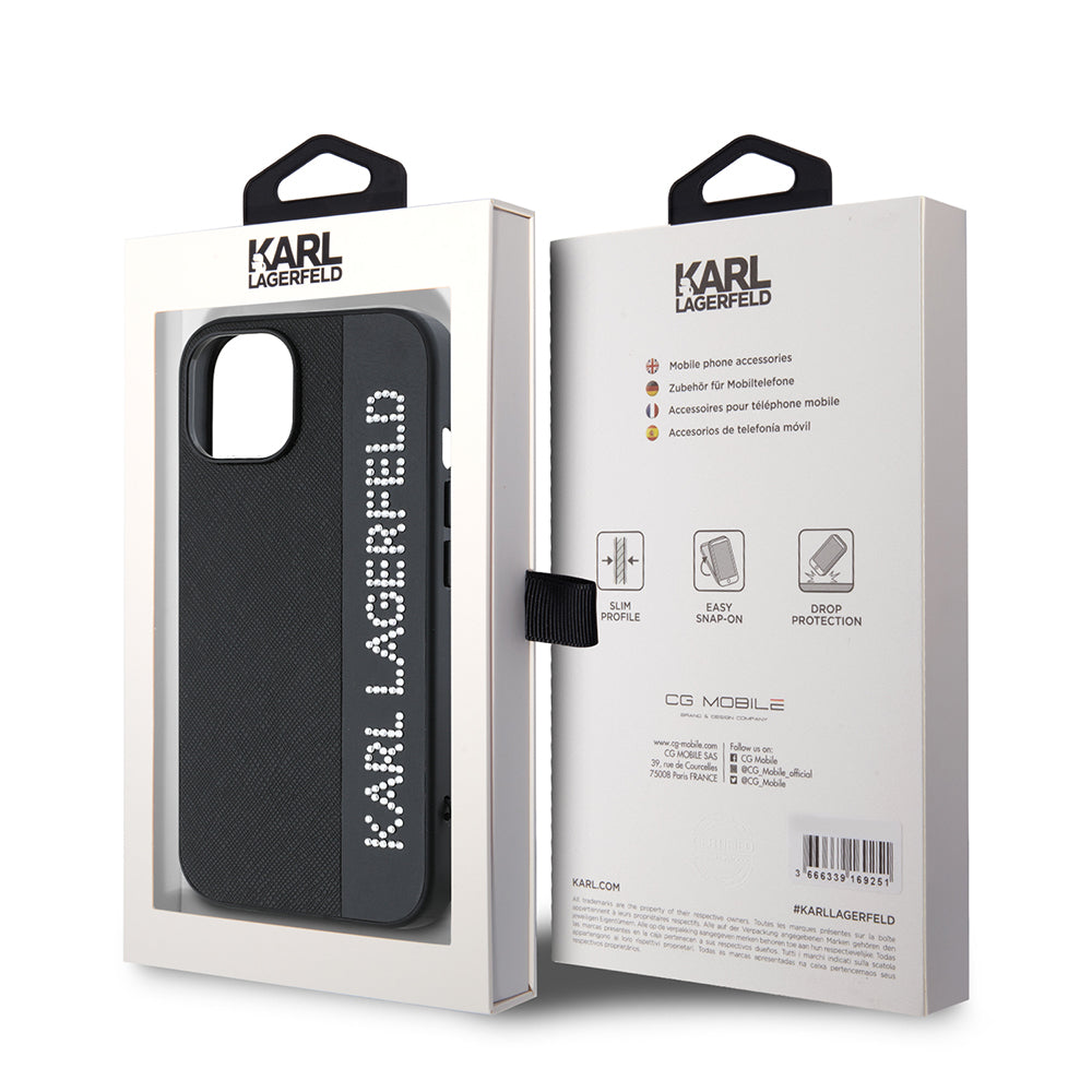 Étui pour Apple iPhone 15, Karl Lagerfeld, Saffiano Rhinestones & Charm, Noir