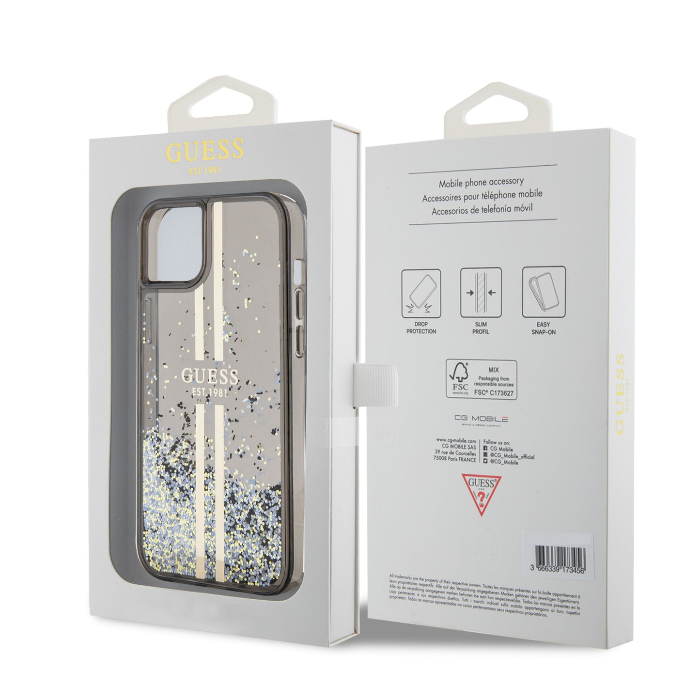 Étui pour Apple iPhone 15 Plus, Guess, Liquid Glitter Gold Stripes, Noir