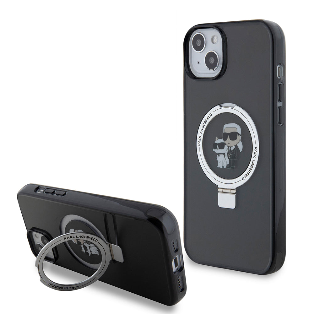 Étui pour Apple iPhone 15 Plus, Karl Lagerfeld, Ringstand Karl & Choupette, Noir
