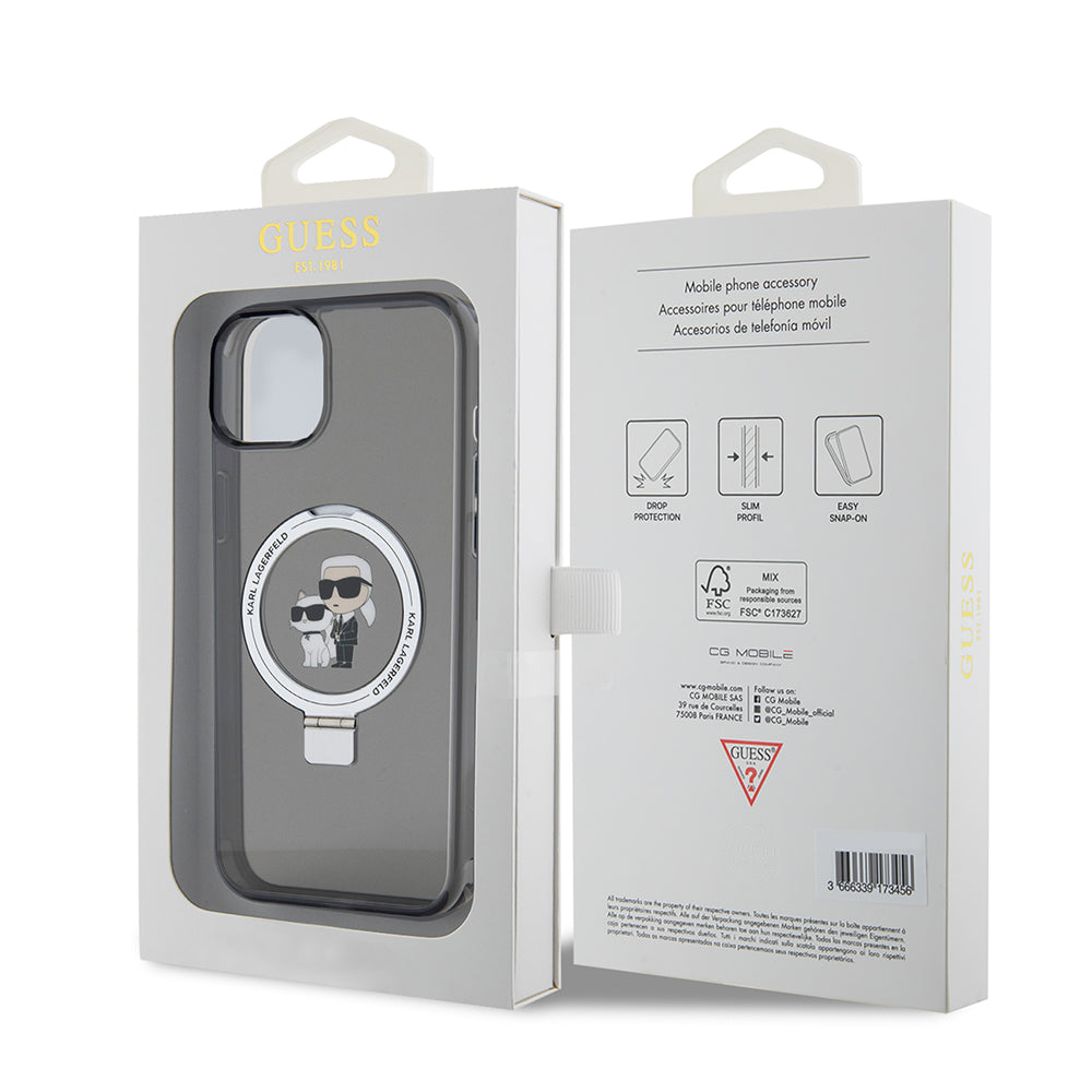 Étui pour Apple iPhone 15 Plus, Karl Lagerfeld, Ringstand Karl & Choupette, Noir
