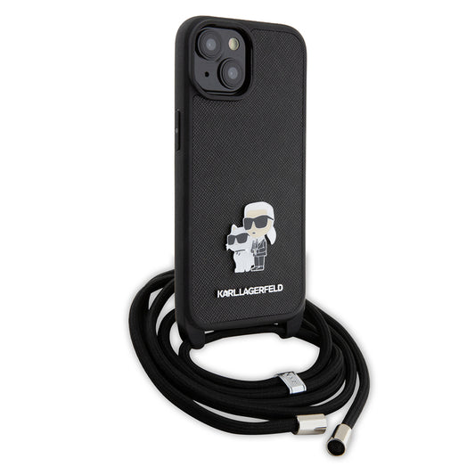 Hülle für Apple iPhone 15 Plus, Karl Lagerfeld, Saffiano Crossbody Metal Pin Karl & Choupette, Schwarz