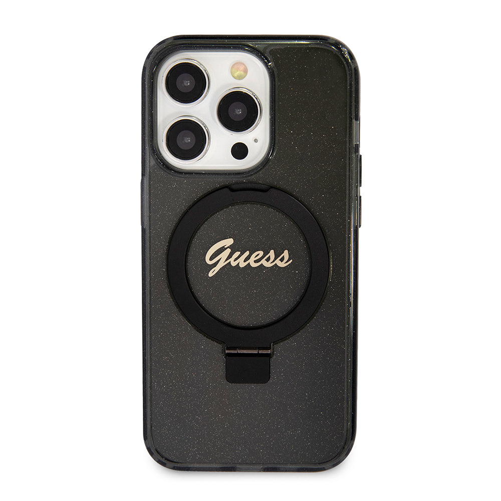 Coque MagSafe pour Apple iPhone 15 Pro, Guess, IML Ring Stand Glitter, Noire
