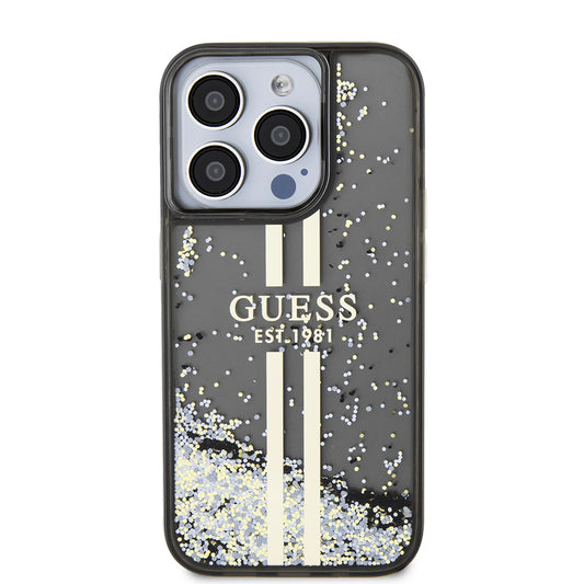 Étui pour Apple iPhone 15 Pro, Guess, Liquid Glitter Gold Stripe, Noir