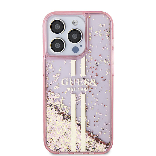 Étui pour Apple iPhone 15 Pro, Guess, Liquid Glitter Gold Stripes, Rose