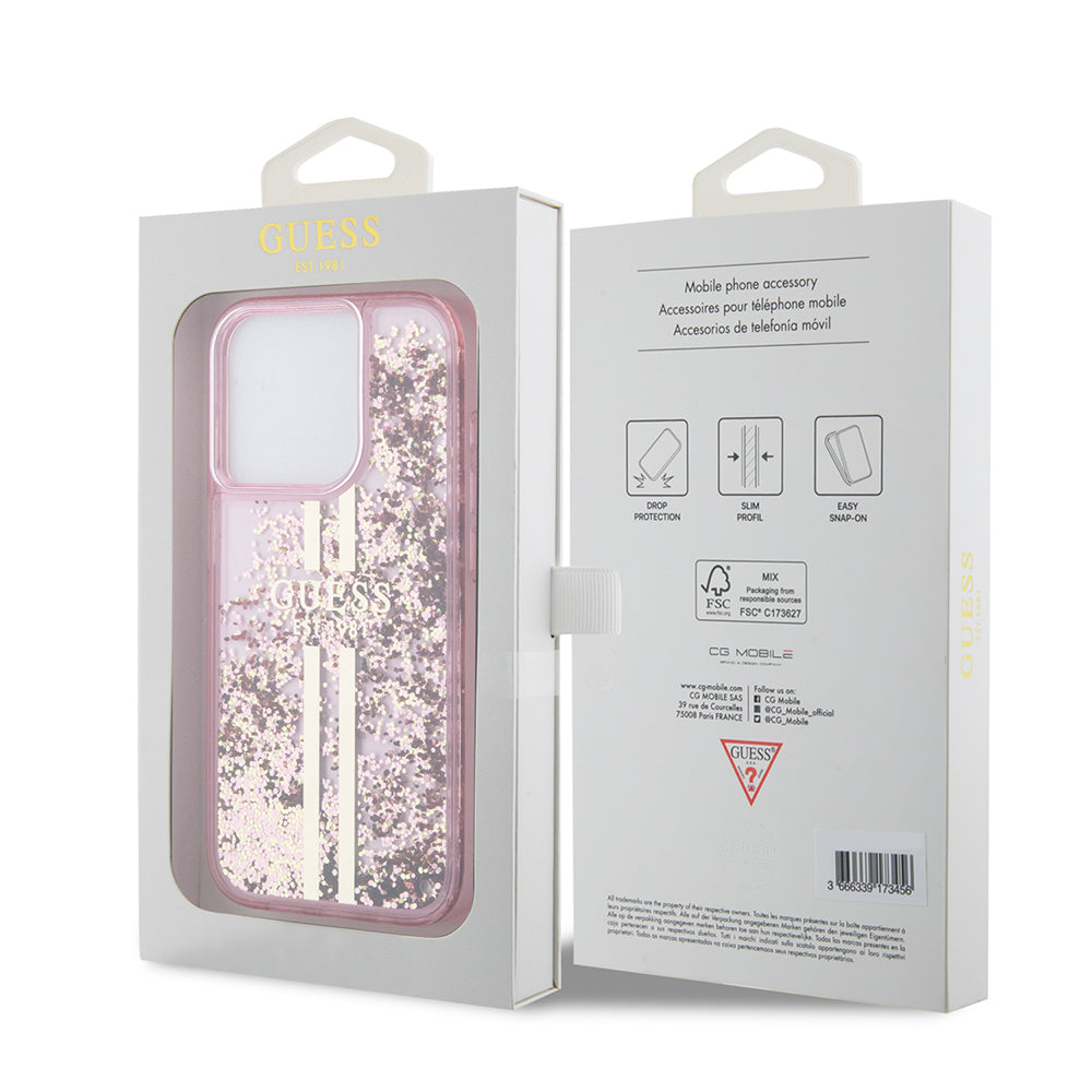 Étui pour Apple iPhone 15 Pro, Guess, Liquid Glitter Gold Stripes, Rose