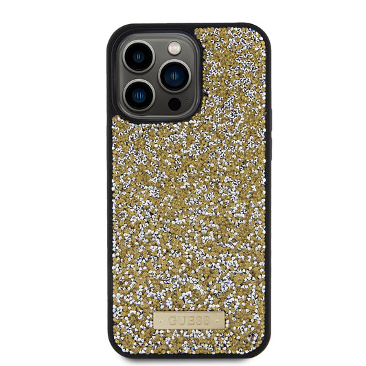 Étui pour Apple iPhone 15 Pro, Guess, Logo Métallique Strass, Jaune