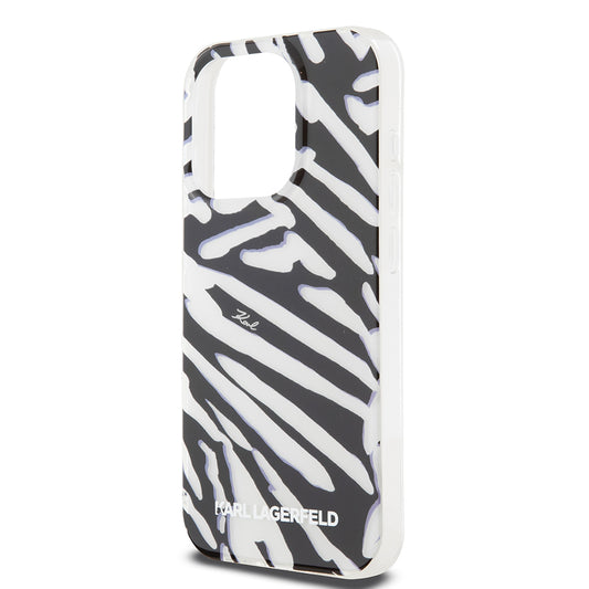 Hülle für Apple iPhone 15 Pro, Karl Lagerfeld, IML Luxury Zebra Muster mit Trageriemen, Schwarz