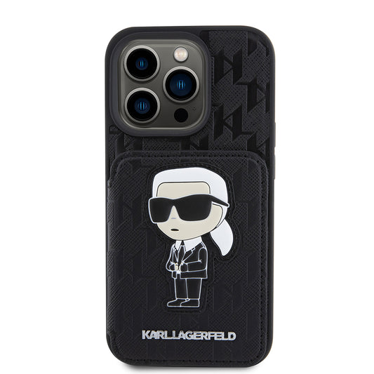 Hülle für Apple iPhone 15 Pro, Karl Lagerfeld, Saffiano Kartenfächer und Ständer Monogram Ikonik Karl, Schwarz