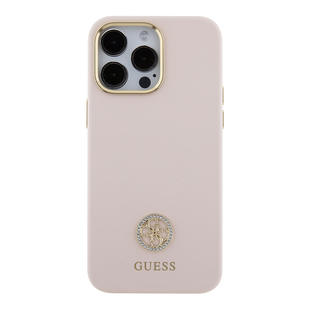 Étui pour Apple iPhone 15 Pro Max, Guess, Logo Métal Strass 4G, Rose