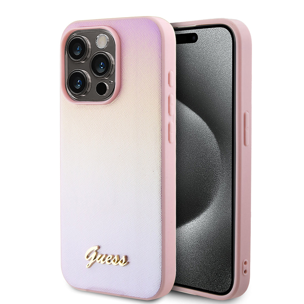 Étui pour Apple iPhone 15 Pro Max, Guess, Iridescent Metal Script, Rose
