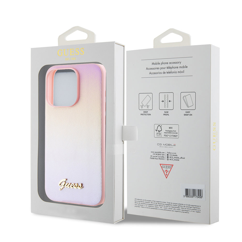 Étui pour Apple iPhone 15 Pro Max, Guess, Iridescent Metal Script, Rose