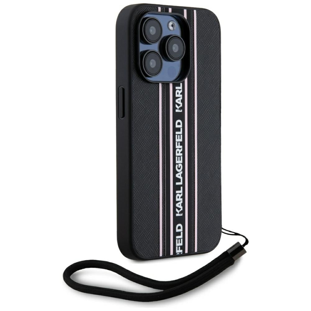 Hülle für Apple iPhone 15 Pro Max, Karl Lagerfeld, Saffiano Athleisure Stripes with Strap, Rosa