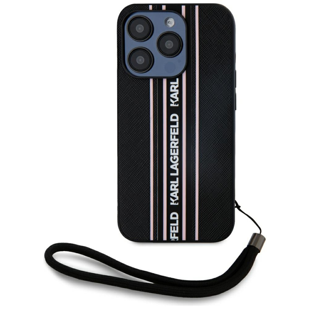 Hülle für Apple iPhone 15 Pro Max, Karl Lagerfeld, Saffiano Athleisure Stripes with Strap, Rosa