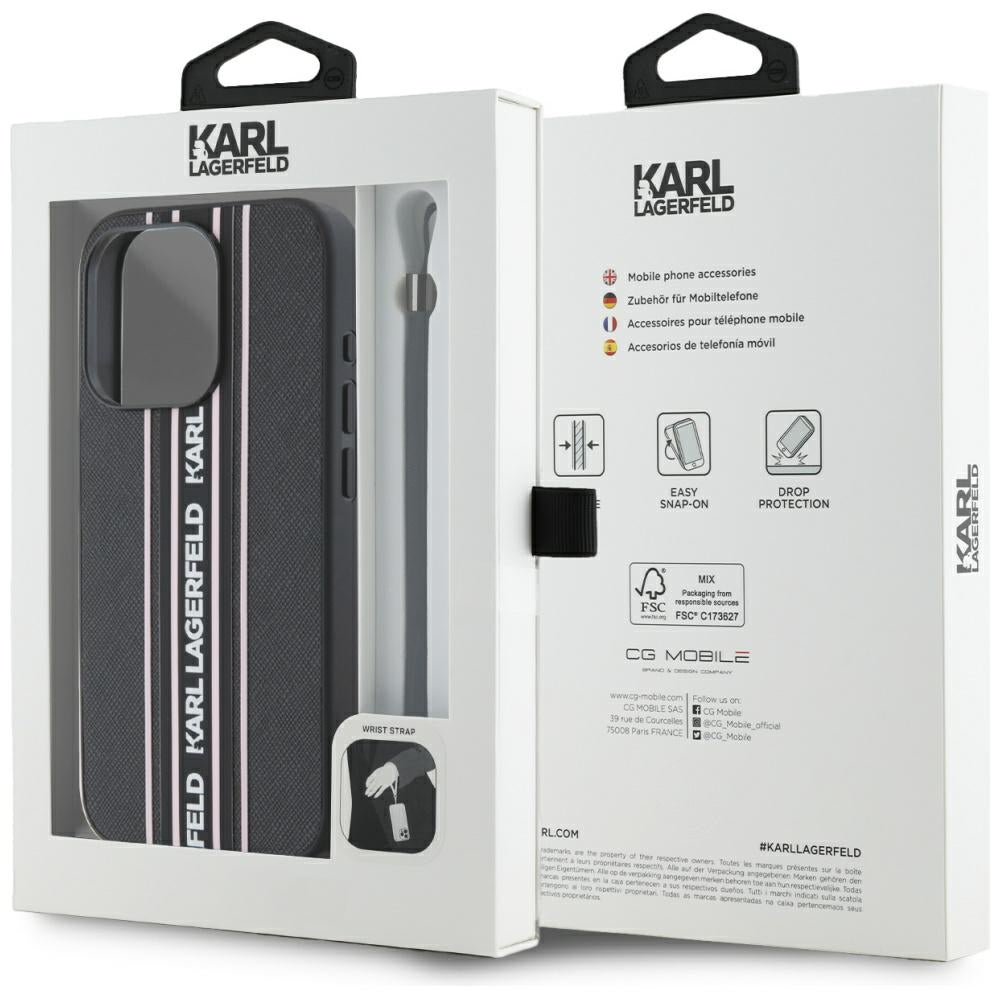 Hülle für Apple iPhone 15 Pro Max, Karl Lagerfeld, Saffiano Athleisure Stripes with Strap, Rosa