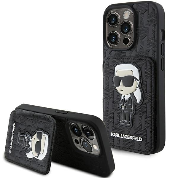 Hülle für Apple iPhone 15 Pro Max, Karl Lagerfeld, Saffiano Kartenfächer und Ständer Monogram Ikonik Karl, Schwarz