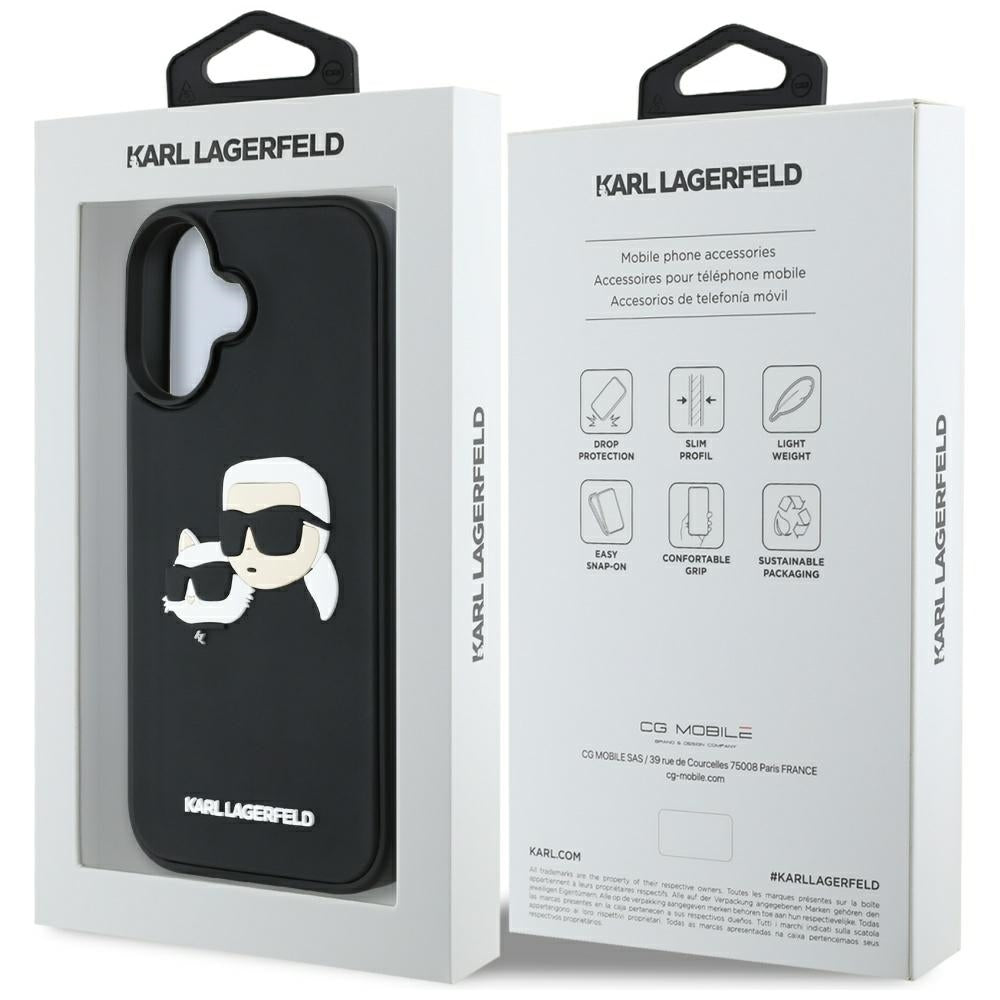 Étui pour Apple iPhone 16, Karl Lagerfeld, 3D Rubber Karl & Choupette, Noir