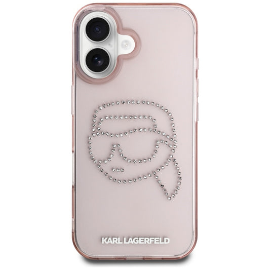 Hülle für Apple iPhone 16, Karl Lagerfeld, IML Rhinestones Karl's Head, Rosa