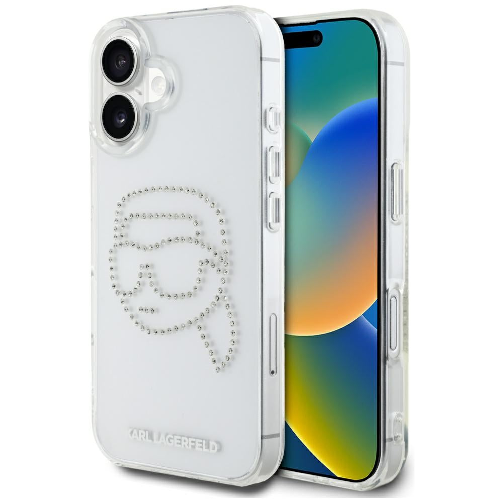 Hülle für Apple iPhone 16, Karl Lagerfeld, IML Rhinestones Karl's Head, Transparent