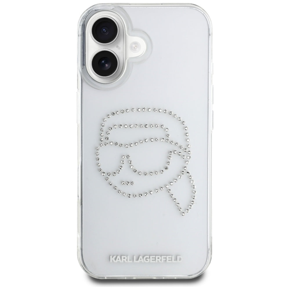 Hülle für Apple iPhone 16, Karl Lagerfeld, IML Rhinestones Karl's Head, Transparent