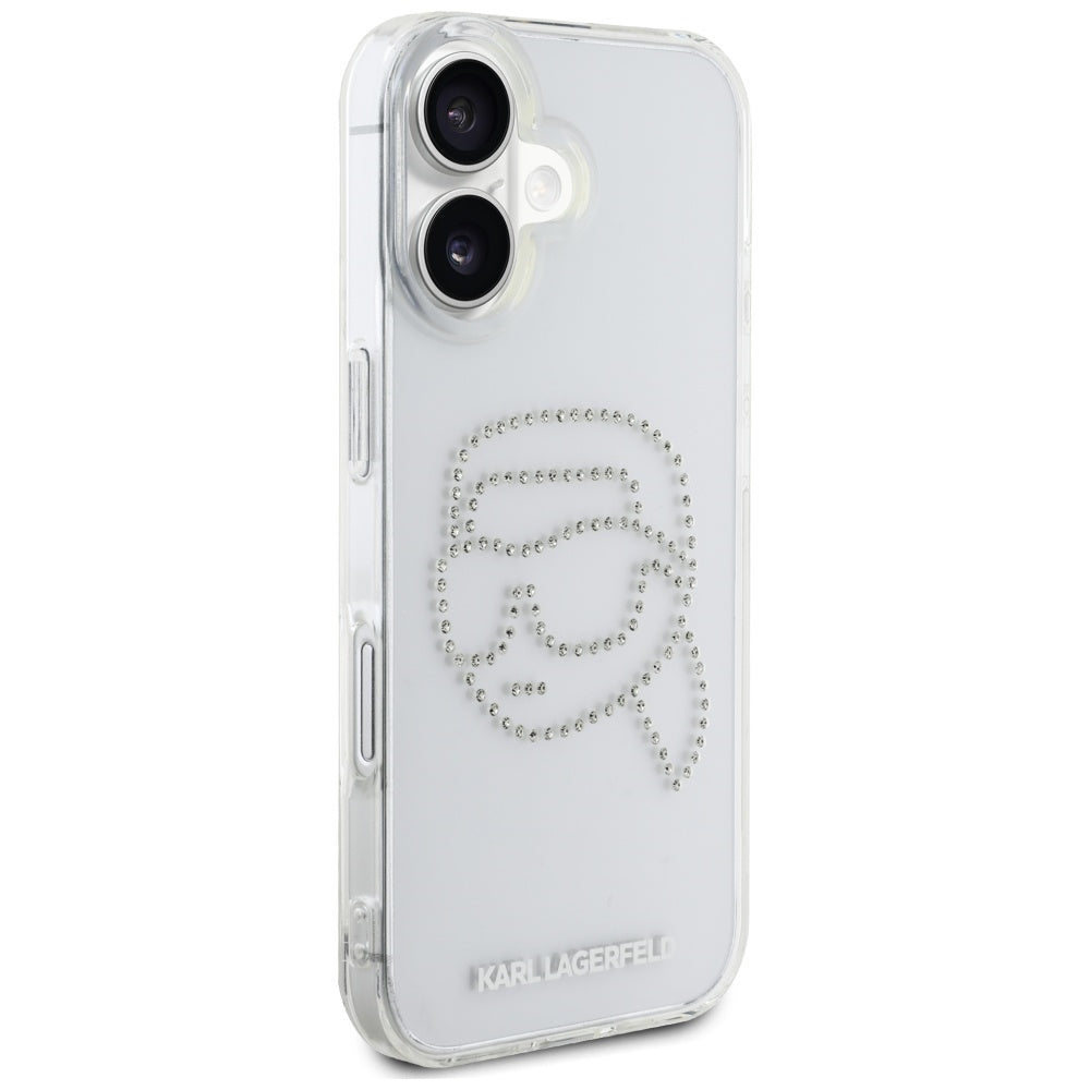 Hülle für Apple iPhone 16, Karl Lagerfeld, IML Rhinestones Karl's Head, Transparent