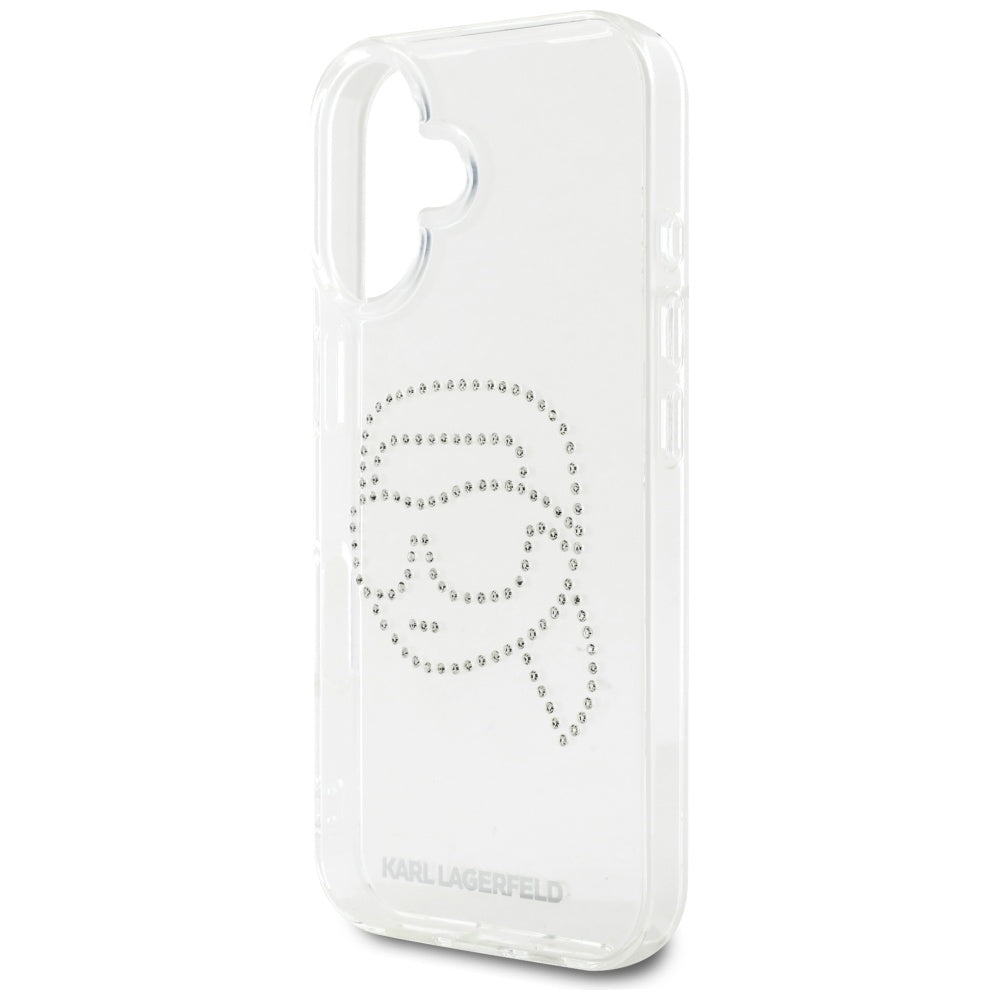 Hülle für Apple iPhone 16, Karl Lagerfeld, IML Rhinestones Karl's Head, Transparent