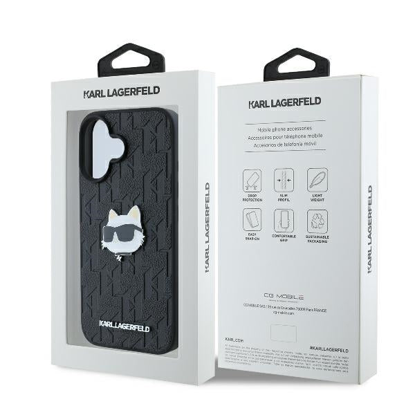 Case for Apple iPhone 16, Karl Lagerfeld, Monogram Choupette's Head, Black