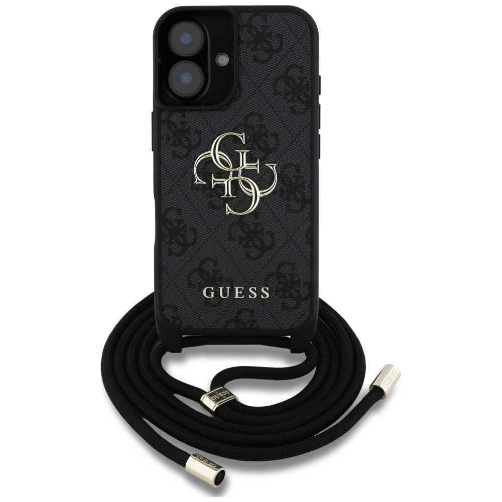 Case for Apple iPhone 16 Plus, Guess, 4G CBDY Big Logo with Cord Strap, Black