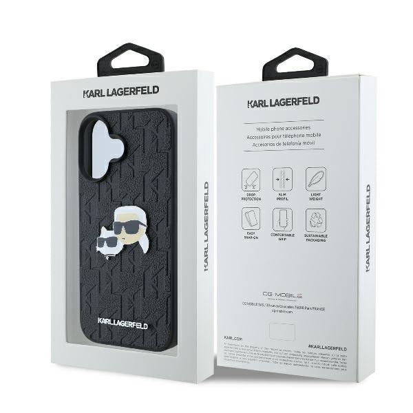 Étui pour Apple iPhone 16 Plus, Karl Lagerfeld, Monogramme Karl & Têtes de Choupette, Noir