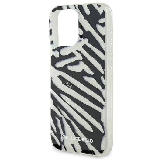 Hülle für Apple iPhone 16 Pro, Karl Lagerfeld, IML Luxury Zebra Muster mit Trageriemen, Schwarz