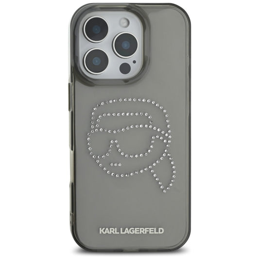 Hülle für Apple iPhone 16 Pro, Karl Lagerfeld, IML Rhinestones Karl's Head, Schwarz