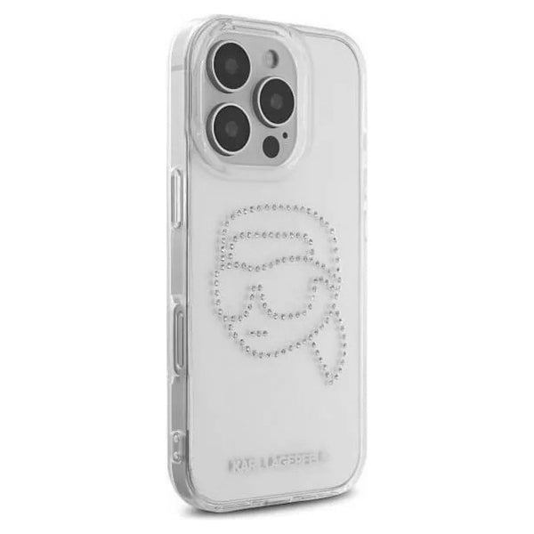 Hülle für Apple iPhone 16 Pro, Karl Lagerfeld, IML Rhinestones Karl's Head, Transparent