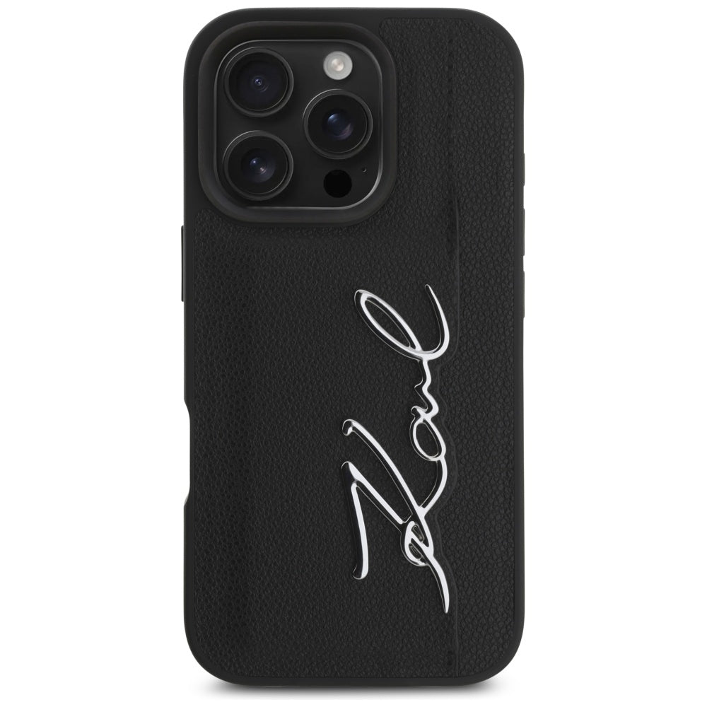 Étui pour Apple iPhone 16 Pro, Karl Lagerfeld, Signature Métallique, Noir