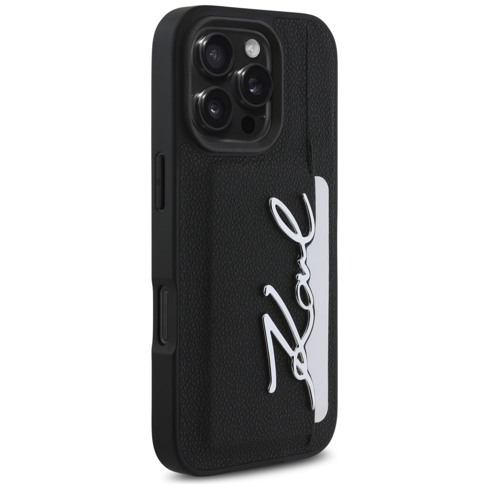 Étui pour Apple iPhone 16 Pro, Karl Lagerfeld, Signature Métallique, Noir